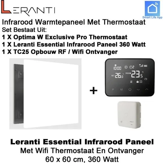 Leranti Essential 360 Watt infrarood paneel met Optima W Exclusive thermostaat en ontvanger