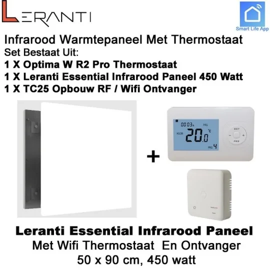 Leranti Essential 450 Watt infrarood paneel met Optima W R2 Pro thermostaat en ontvanger
