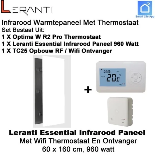 Leranti Essential 960 Watt infrarood paneel met Optima W R2 Pro thermostaat en ontvanger