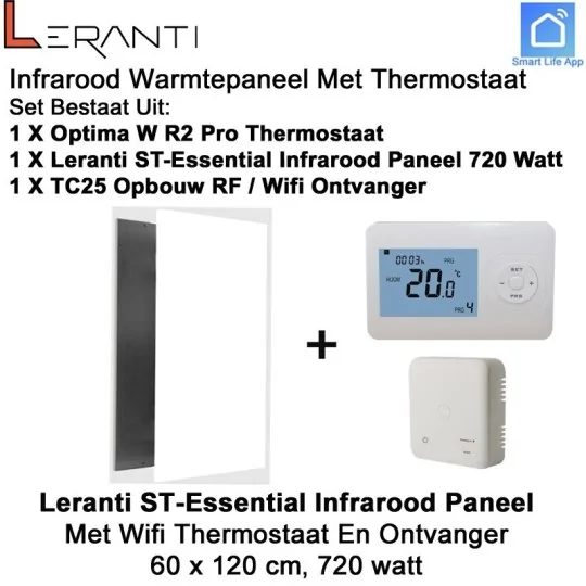 Leranti ST Essential 720 Watt infrarood paneel met Optima W R2 Pro wifi thermostaat en ontvanger
