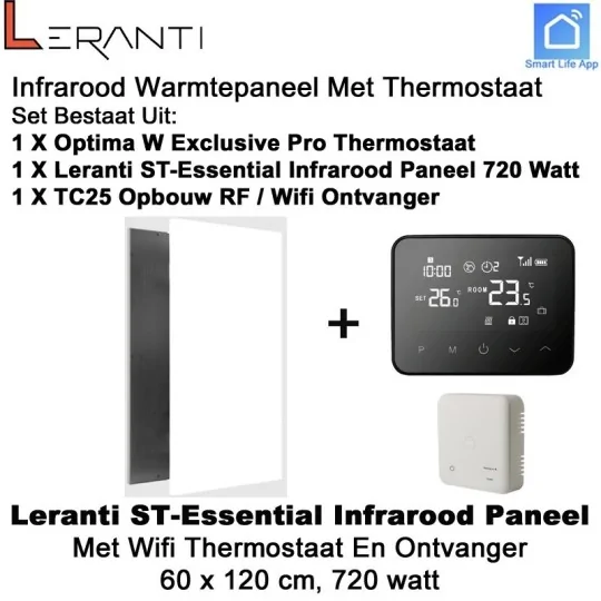 Leranti ST Essential 720 Watt infrarood paneel met Optima W Exclusive Pro wifi thermostaat en ontvanger