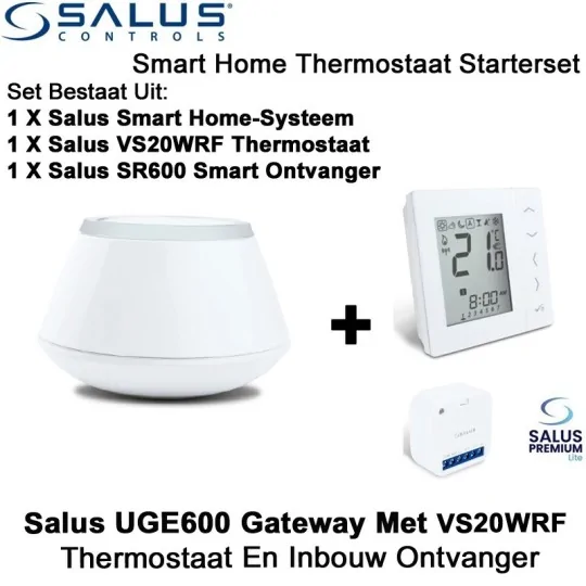 Salus Starterset UGE600 Home Gateway Met VS20WRF Thermostaat en SR600 of SPE600 Ontvanger