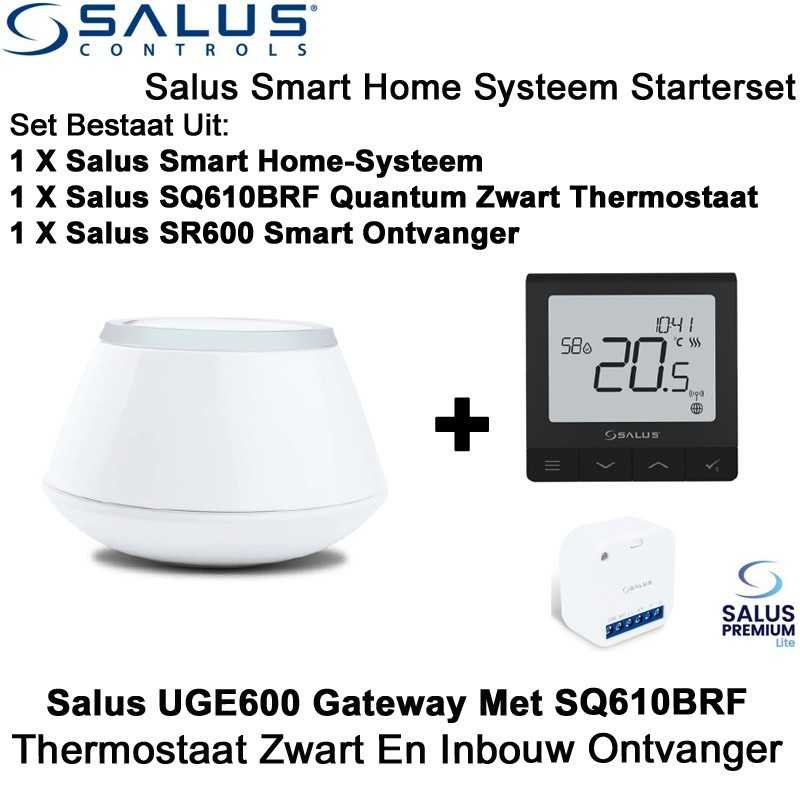 Salus Starterset UGE600 Home Gateway Met SQ610BRF Quantum Thermostaat Zwart en SR600 of SPE600 Ontvanger Salus Starterset UGE600 Home Gateway Met SQ610BRF Quantum Thermostaat Zwart en SR600 of SPE600 Ontvanger