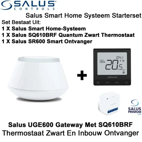 Salus Starterset UGE600 Home Gateway Met SQ610BRF Quantum Thermostaat Zwart en SR600 of SPE600 Ontvanger