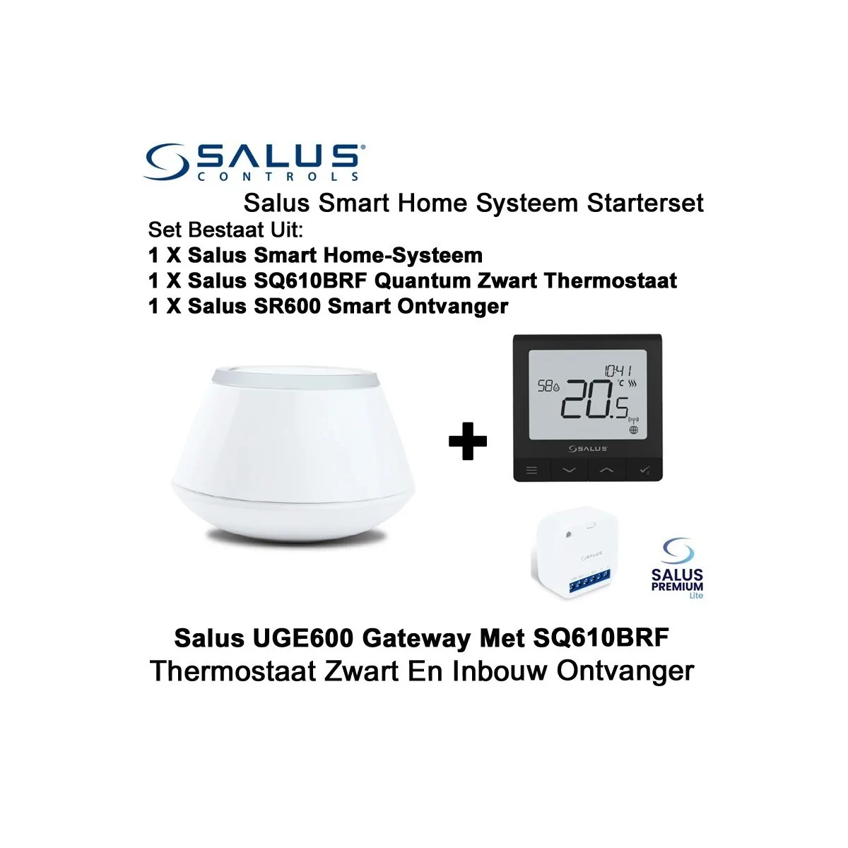 Salus Starterset UGE600 Home Gateway Met SQ610BRF Quantum Thermostaat Zwart en SR600 of SPE600 Ontvanger