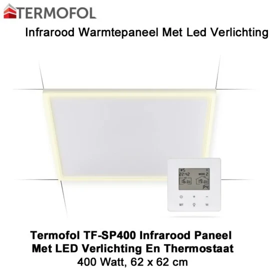 Termofol TF-SP400 infrarood paneel met LED verlichting en thermostaat, 62 x 62cm