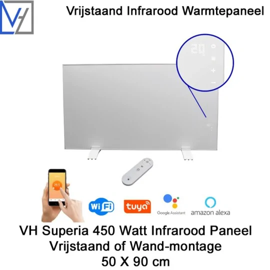VH Superia mobiel infrarood paneel 450 Watt met witte lijst, 50 x 90 cm