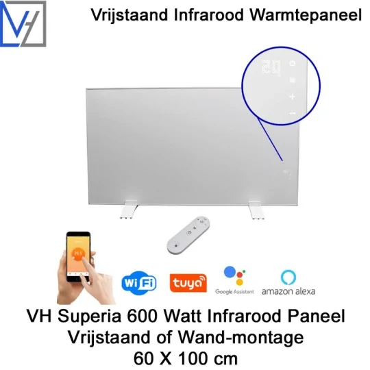 VH Superia mobiel infrarood paneel 600 Watt met witte lijst, 60 x 100 cm