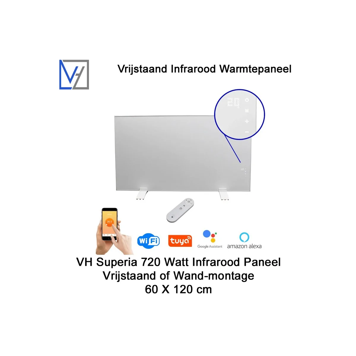 VH Superia mobiel infrarood paneel 720 Watt met witte lijst, 60 x 120 cm